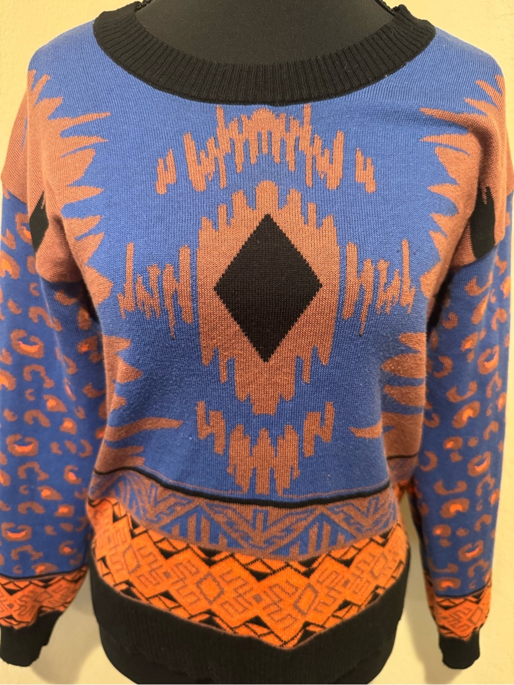 Bold Flying Tomato Southwestern  Blue, Orange & Black Crewneck Sweater - Picture 2 of 7